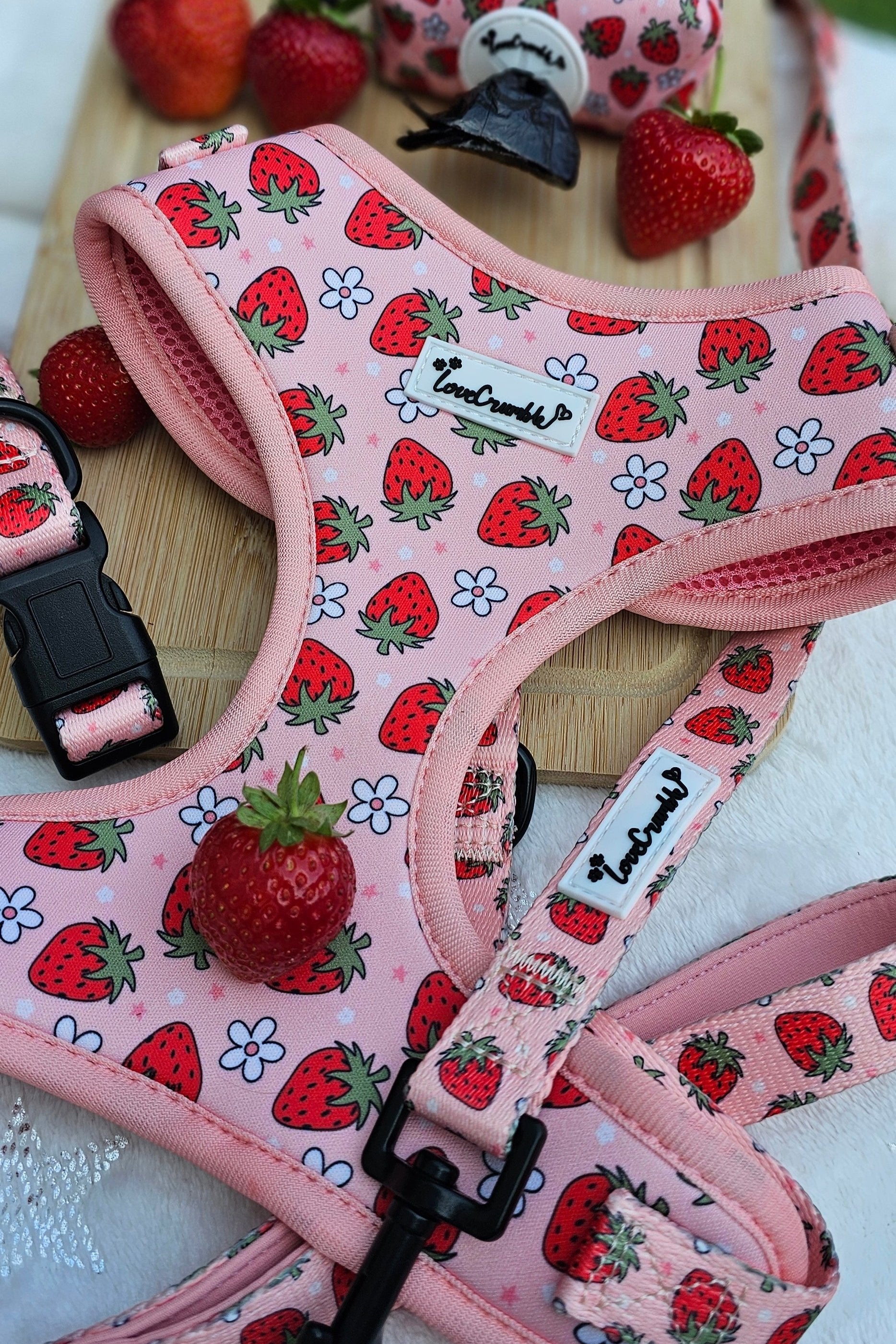 Strawberry Fields Set - Dog Harness, Lead, Collar & Poo Bag Holder