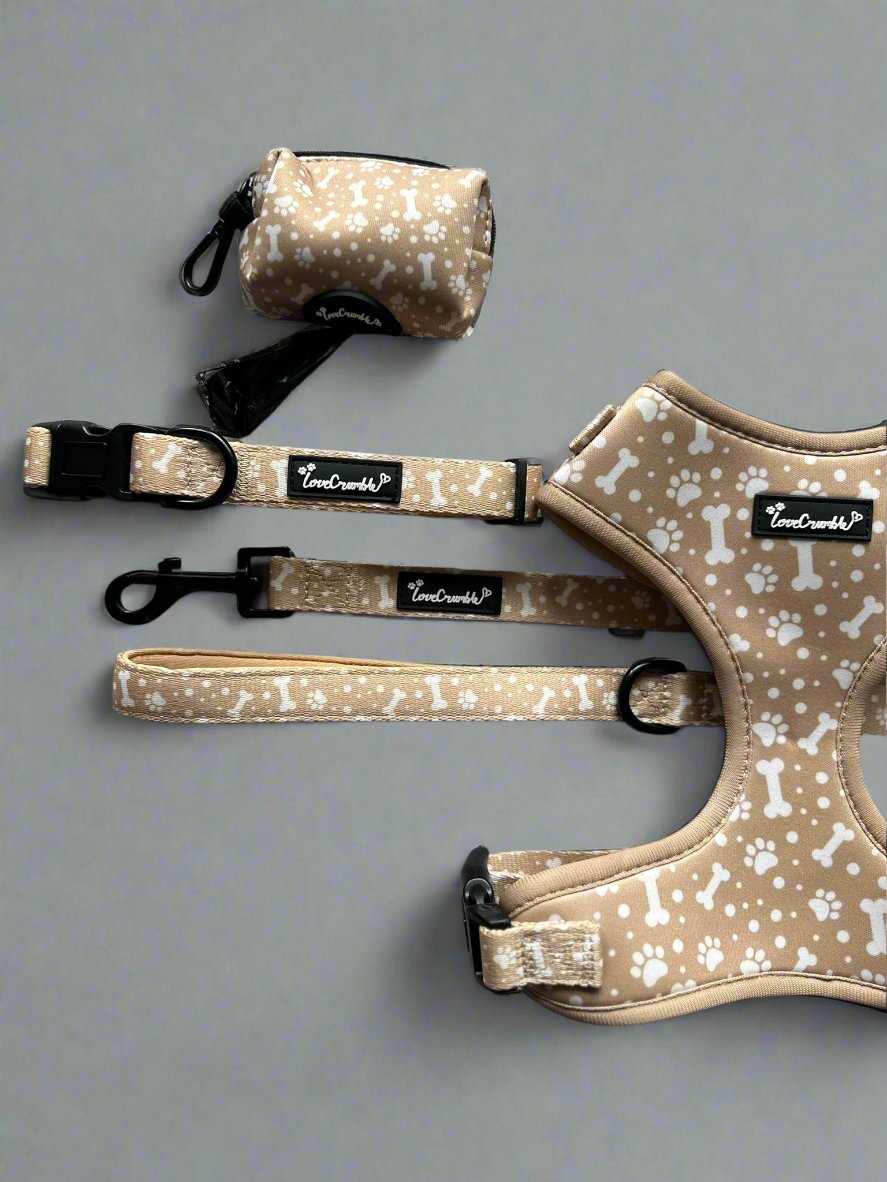 Paws & Bones Delight Set - Dog Harness, Lead, Collar & Poo Bag Holder