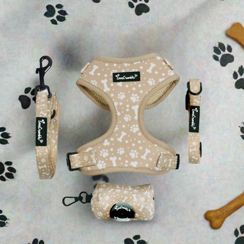 Paws & Bones Delight Set - Dog Harness, Lead, Collar & Poo Bag Holder