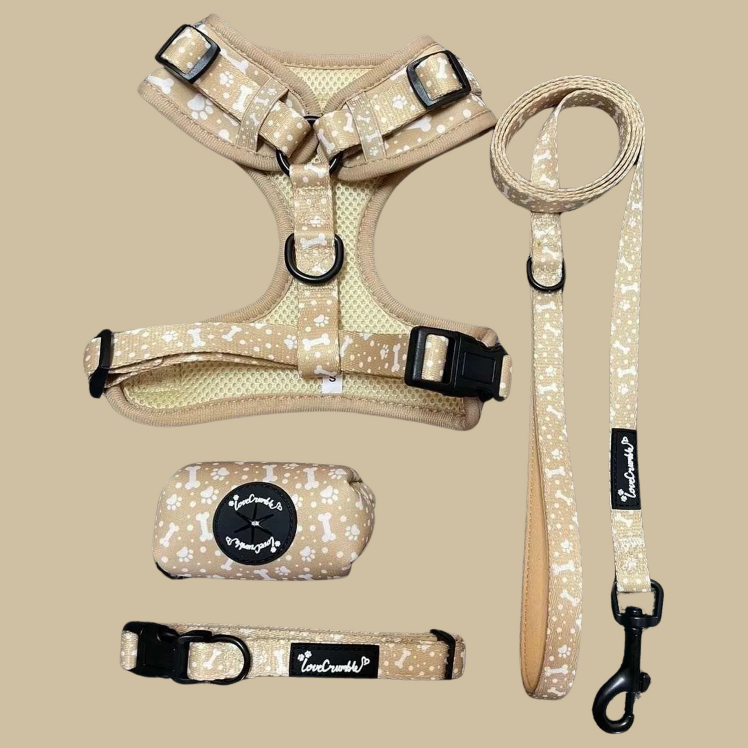 Paws & Bones Delight Set - Dog Harness, Lead, Collar & Poo Bag Holder