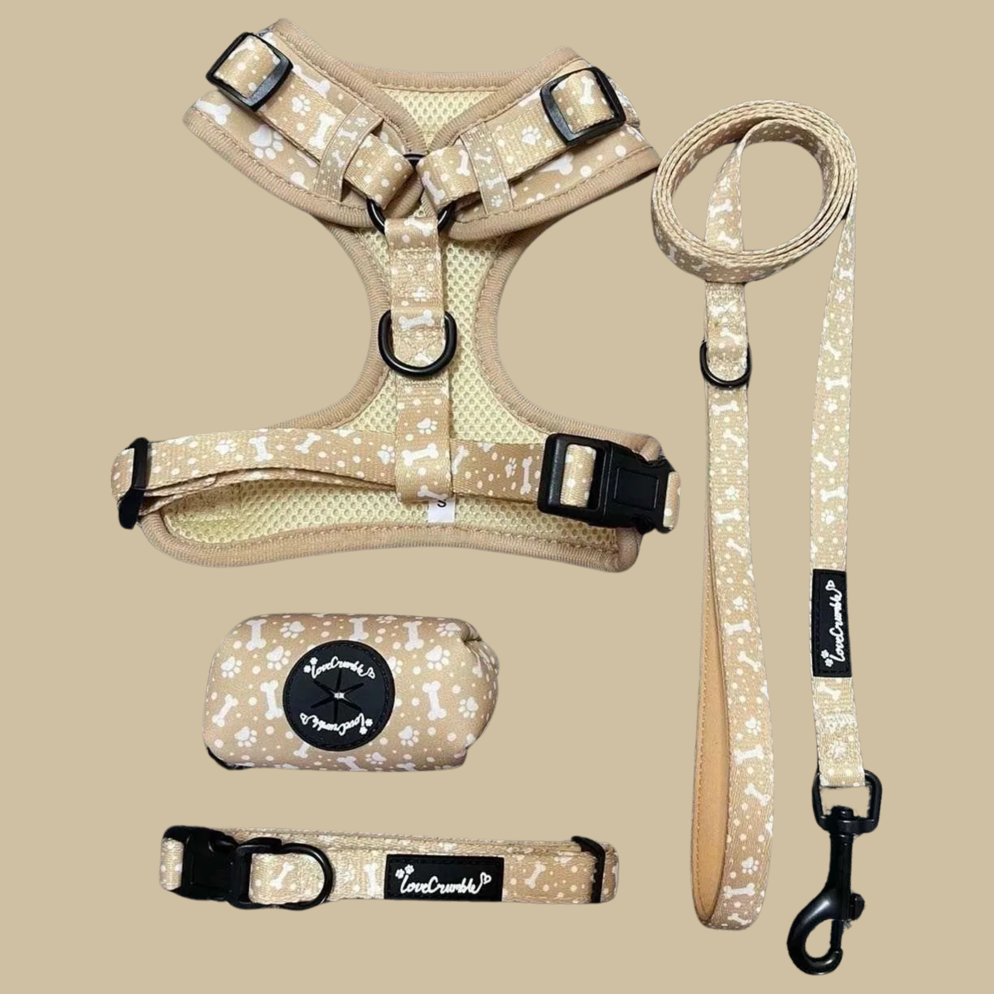 Paws & Bones Delight Set - Dog Harness, Lead, Collar & Poo Bag Holder