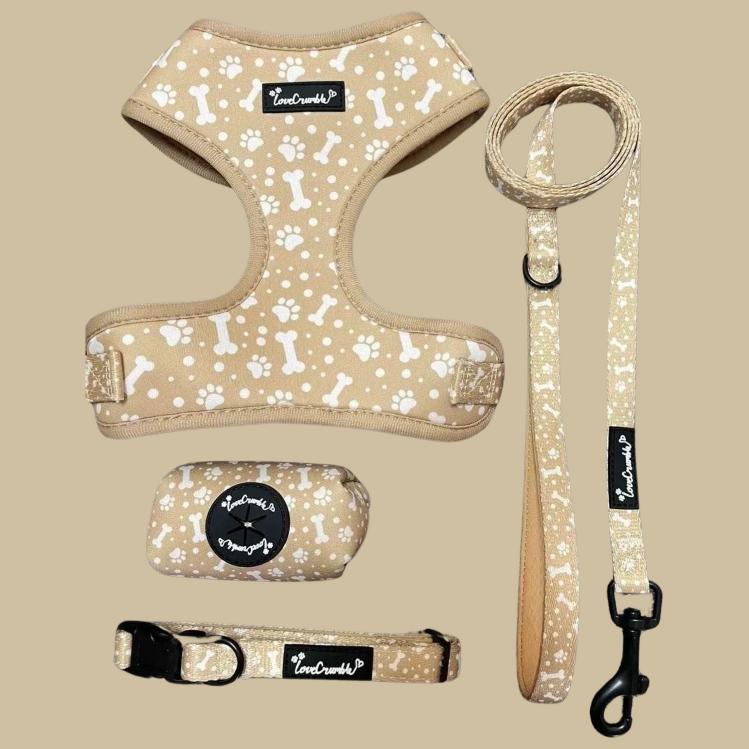 Paws & Bones Delight Set - Dog Harness, Lead, Collar & Poo Bag Holder