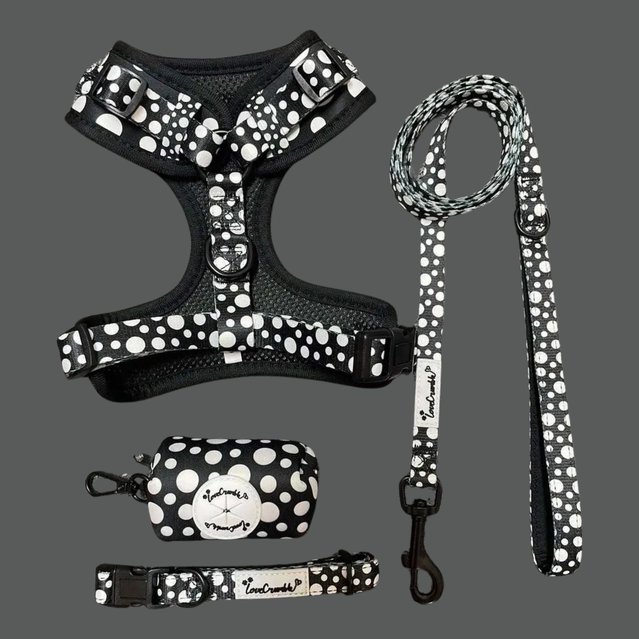 Polka Dog’ Set - Dog Harness, Lead, Collar & Poo Bag Holder
