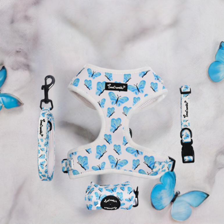 Blue Butterfly Dreams Set - Harness, Lead, Collar &amp; Poo Bag Holder