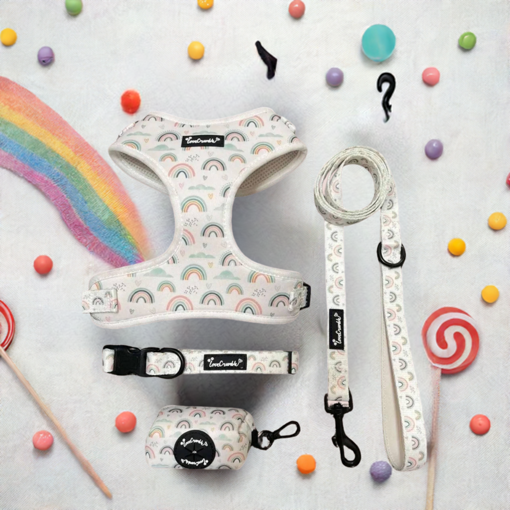 Hearts & Rainbows Charm Set - Dog Harness, Lead, Collar & Poo Bag Holder