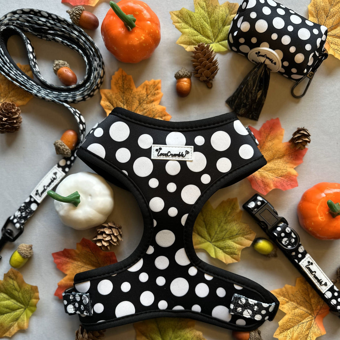 Polka Dog’ Set - Dog Harness, Lead, Collar & Poo Bag Holder