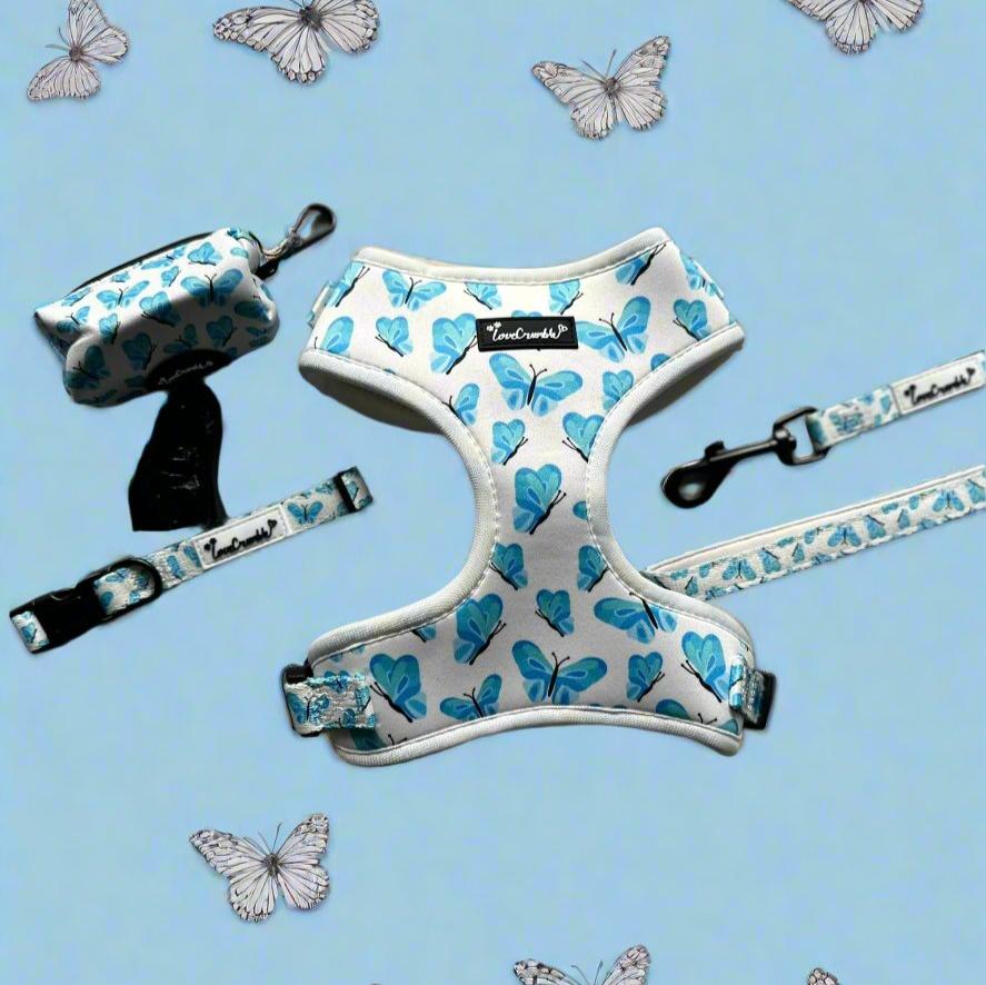 Blue Butterfly Dreams Set - Harness, Lead, Collar &amp; Poo Bag Holder