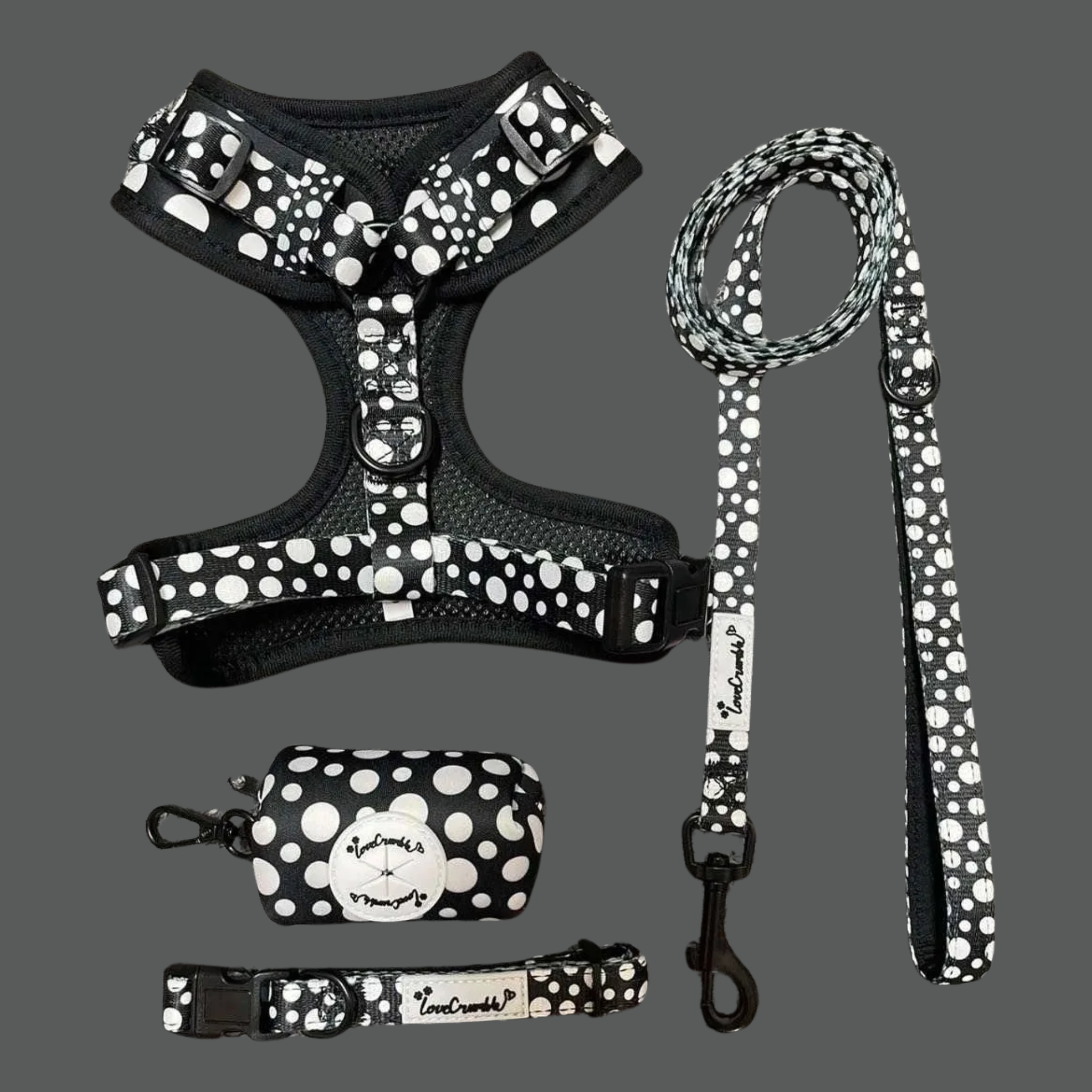 Polka Dog’ Set - Harness, Lead, Collar &amp; Poo Bag Holder